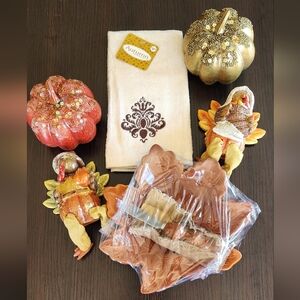 Autumn Decor Entertaining Lot with  pumpkins, turkeys, leaf dish & spreader NEW